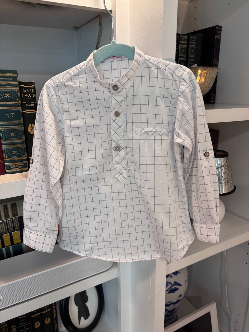 Boys’ White Windowpane Mandarin-Collar Shirt